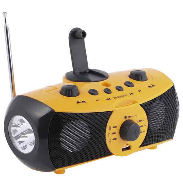 Dynamo torchlight with radio, speaker, siren, phone charger Dynamo torchlight with radio, speaker, siren, phone charger