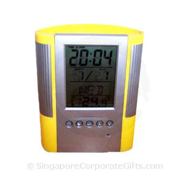 Pen Holder with Digital Clock, Calendar, Thermometer (Yellow)