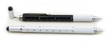 Pen with ruler, spirit level and stylus