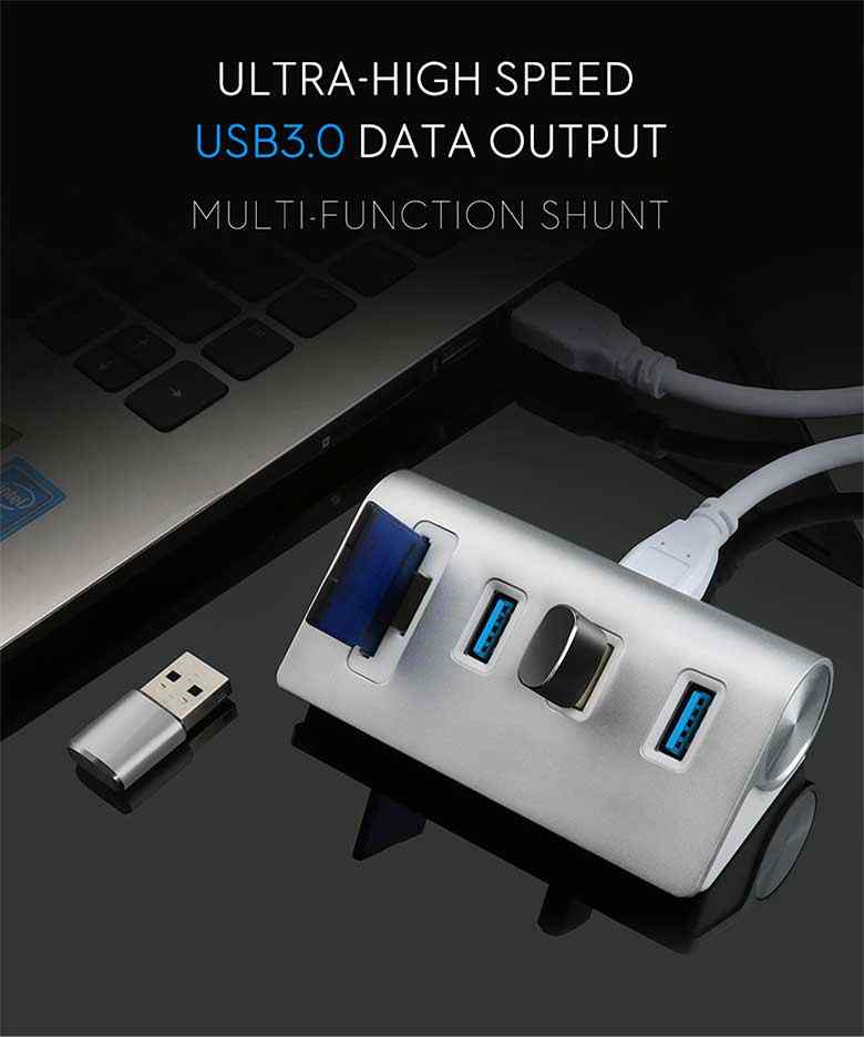 Bus-Powered USB 3.0 3-Port Aluminum Hub with SD/TF Card Reader C