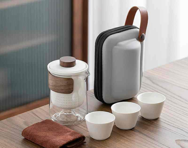 Portable Tea Set with 3 Ceramic Cups