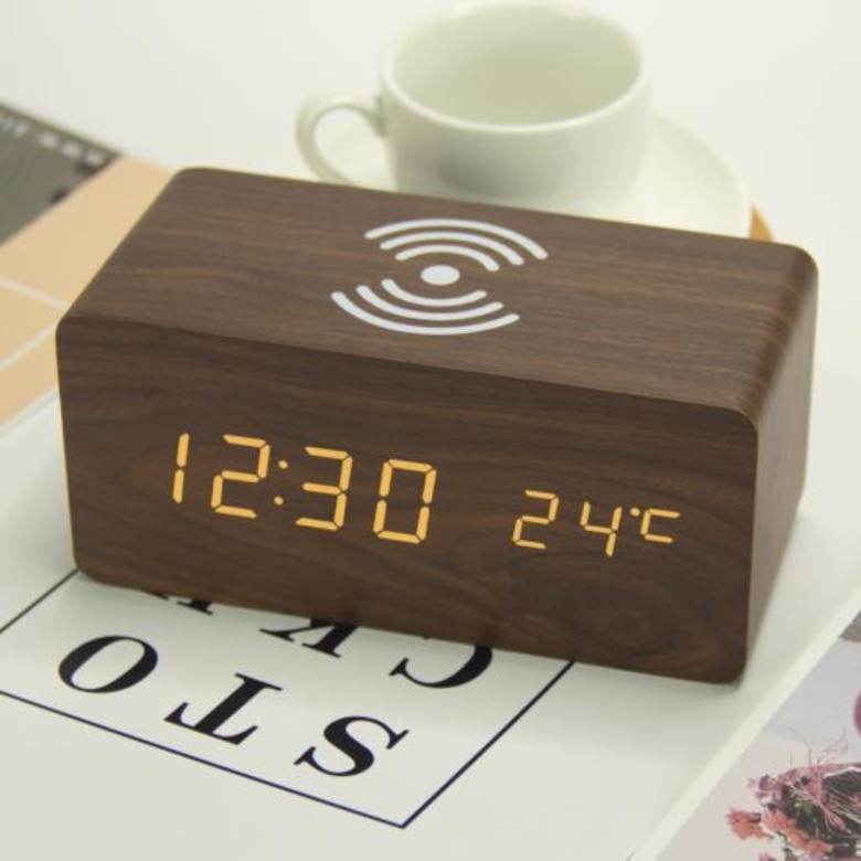 Wooden clock with wireless charger