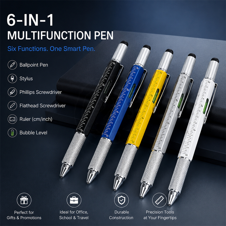 Pen with ruler, spirit level and stylus